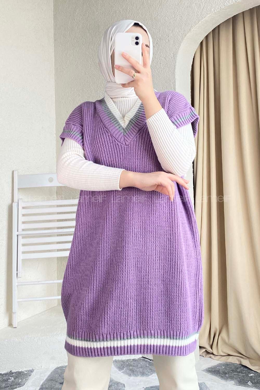 Modalamelif Yaka Renk Garnili Süveter Lila