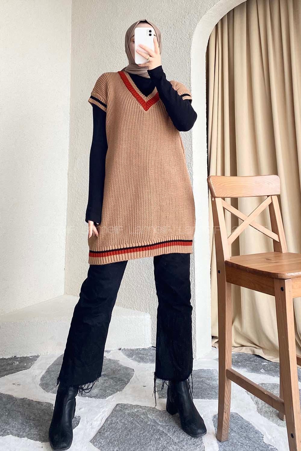 Modalamelif Yaka Renk Garnili Süveter Sütlükahve