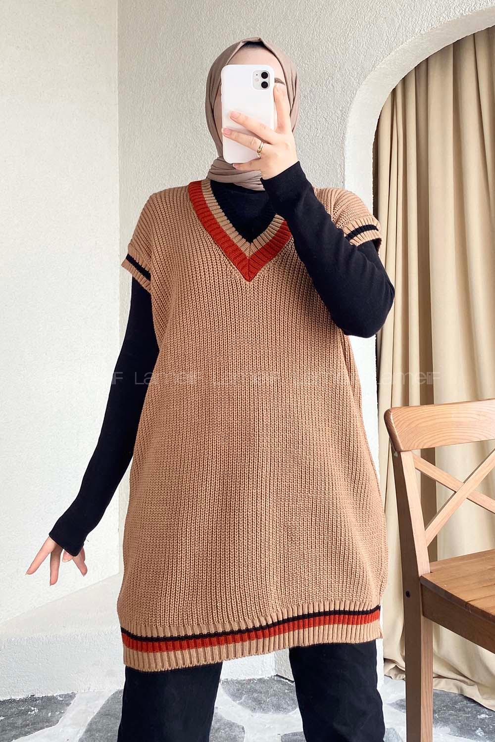 Modalamelif Yaka Renk Garnili Süveter Sütlükahve