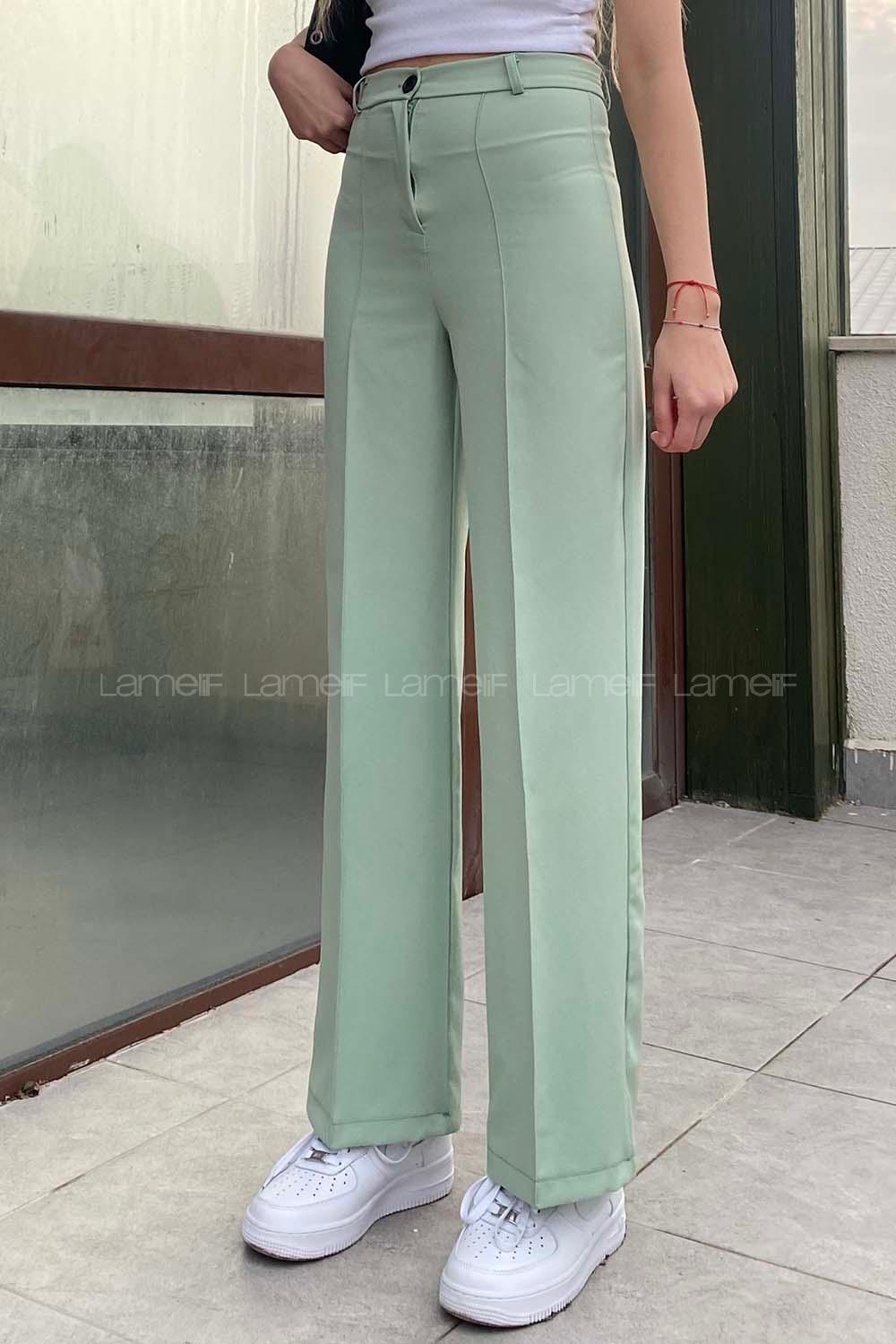 Modalamelif Çımalı Bol Paça Pantolon Çağla Yeşili