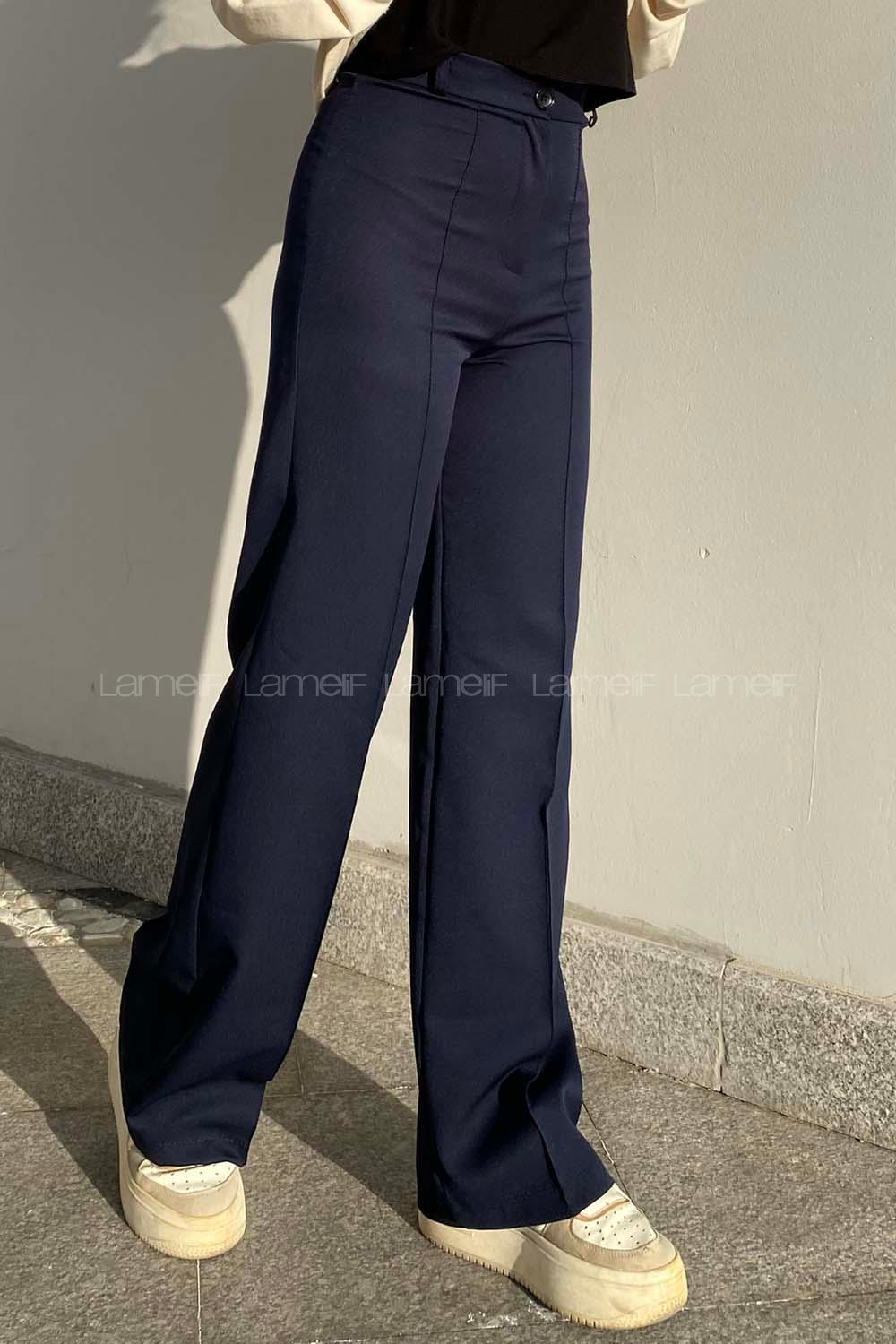 Lamelif Çımalı Bol Paça Pantolon Lacivert