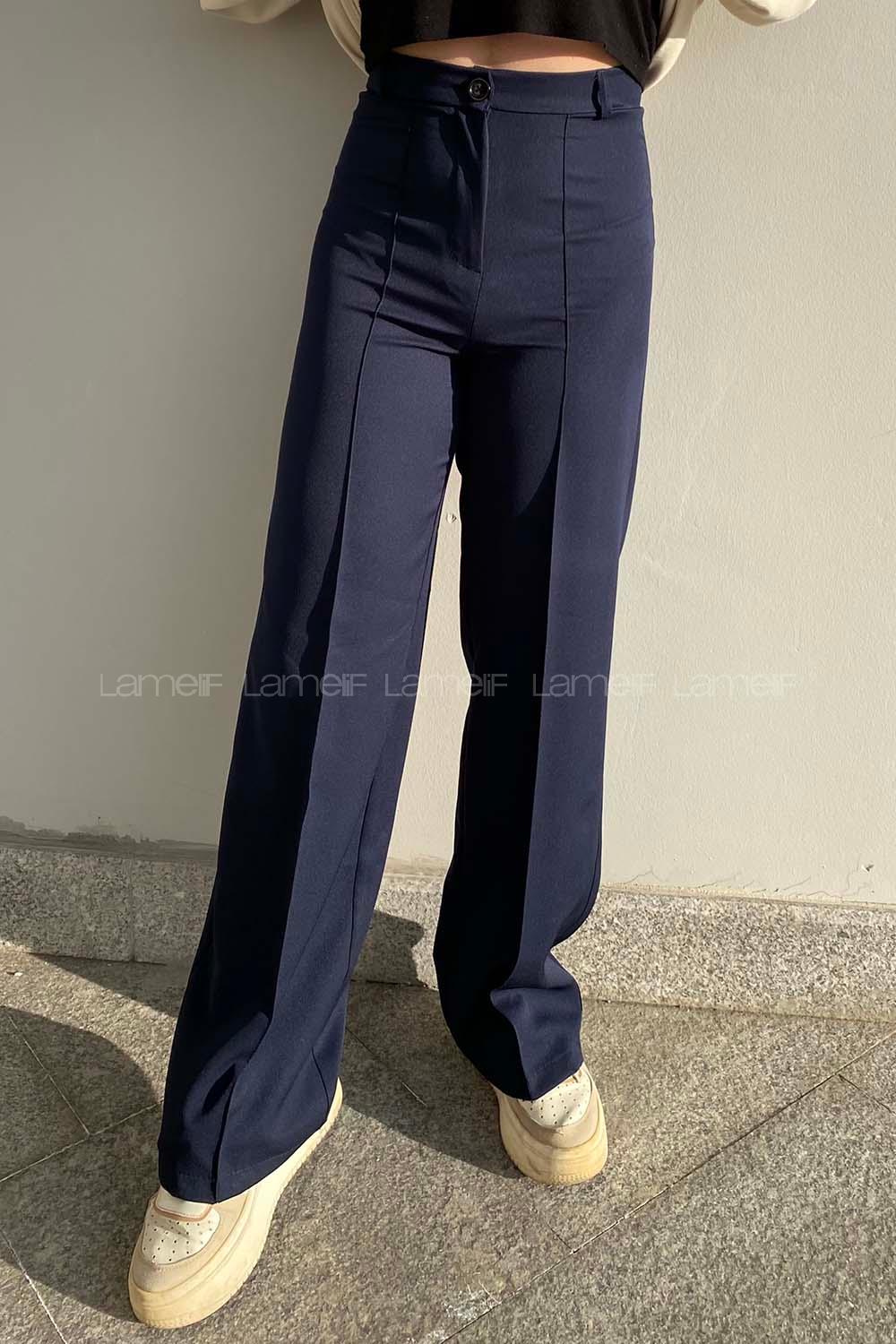 Lamelif Çımalı Bol Paça Pantolon Lacivert
