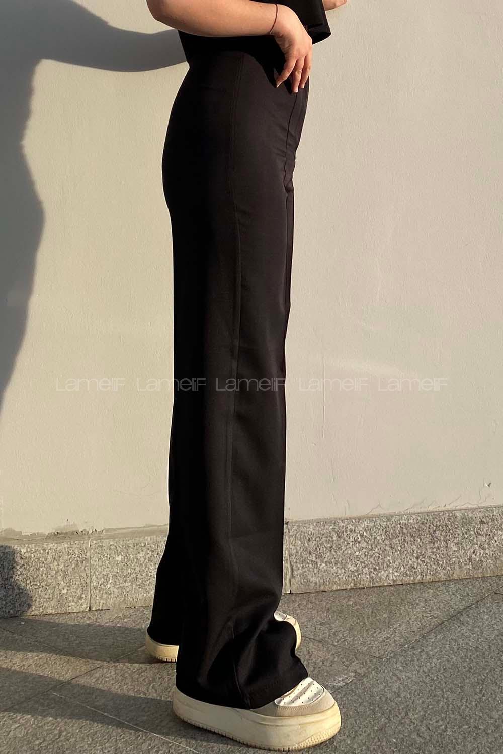 Lamelif Çımalı Bol Paça Pantolon Siyah