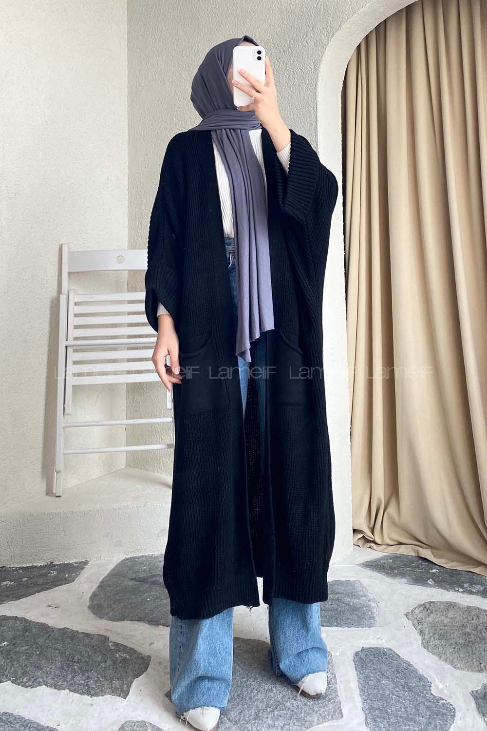 Modalamelif Selanik Çift Cepli Salaş Hırka Siyah