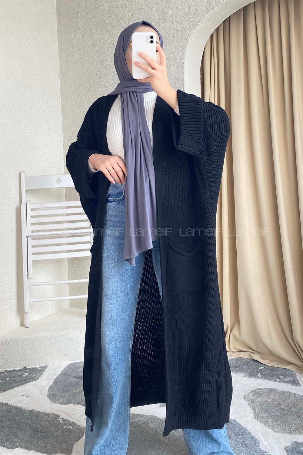 Modalamelif Selanik Çift Cepli Salaş Hırka Siyah