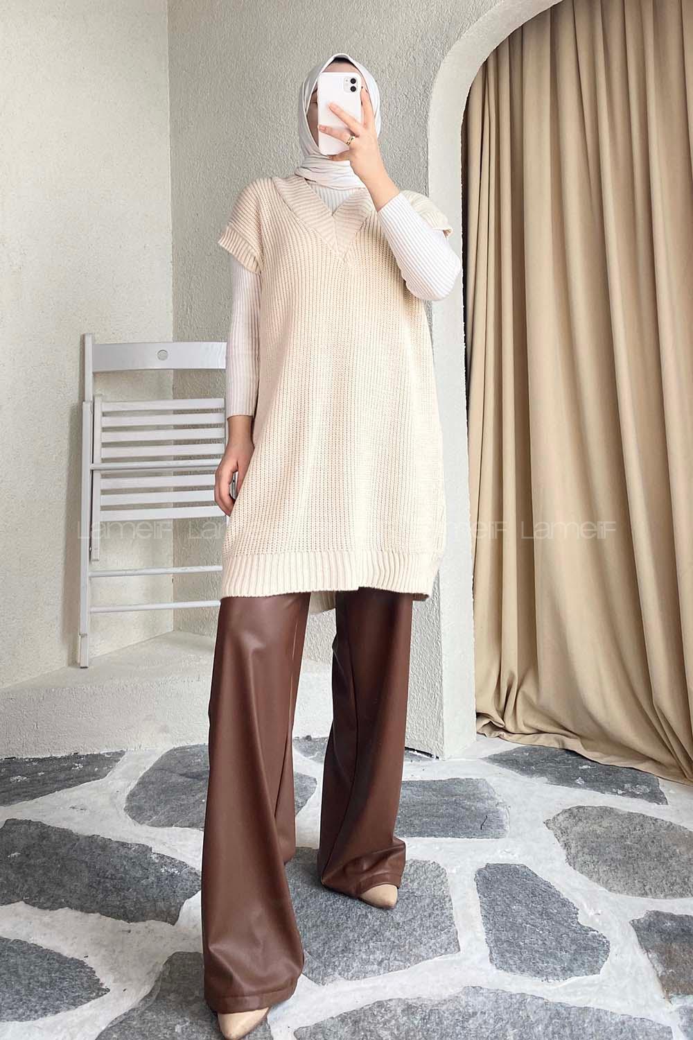 Modalamelif V Yaka Triko Süveter Bej