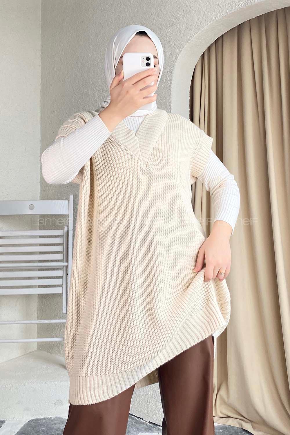 Modalamelif V Yaka Triko Süveter Bej