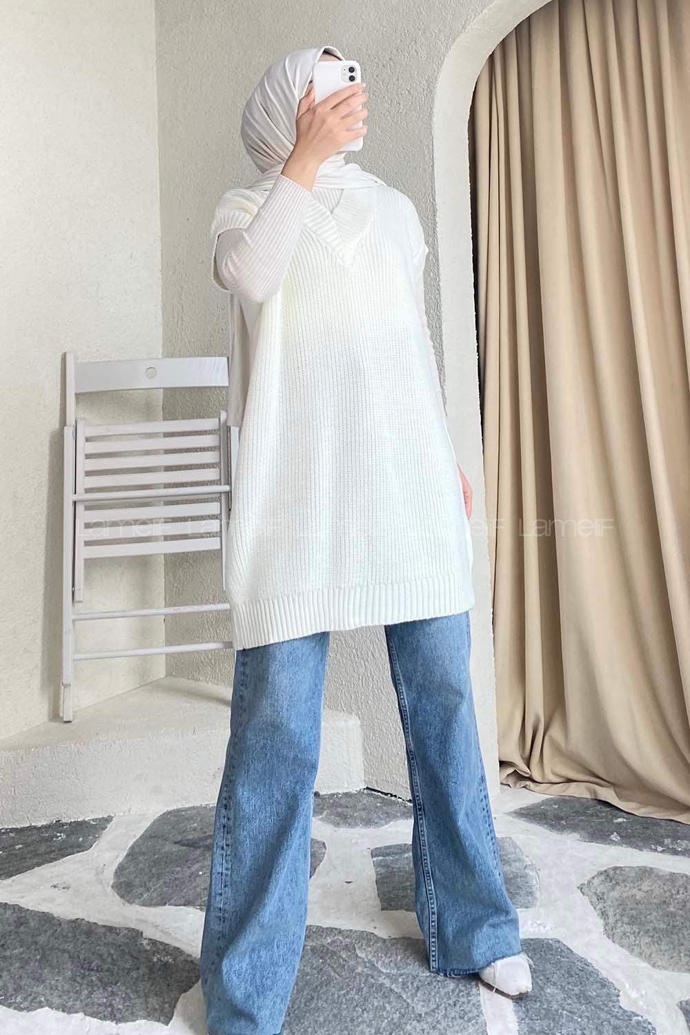 Modalamelif V Yaka Triko Süveter Ekru