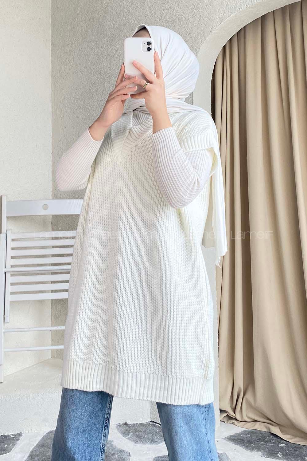 Modalamelif V Yaka Triko Süveter Ekru