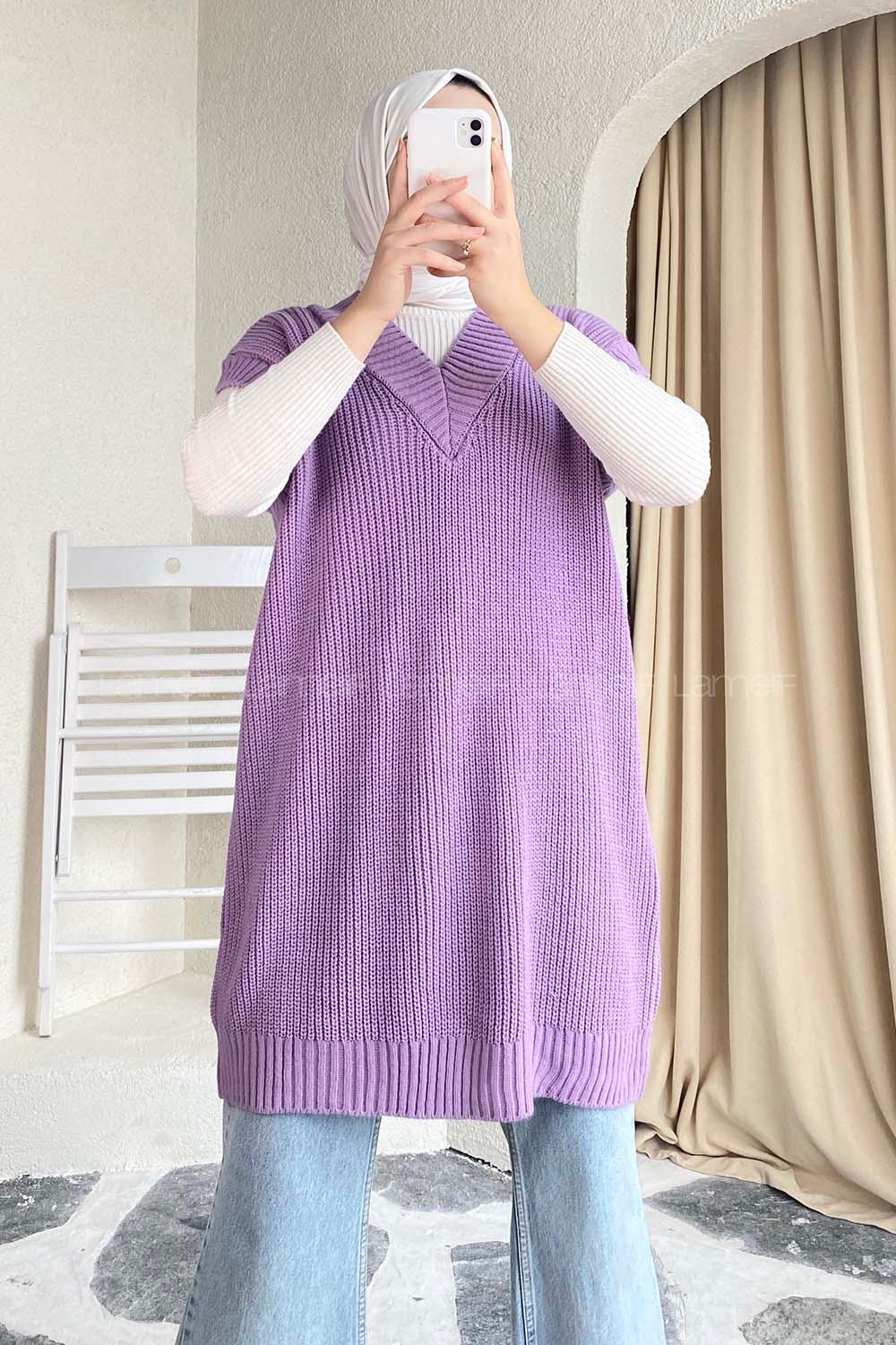 Modalamelif V Yaka Triko Süveter Lila