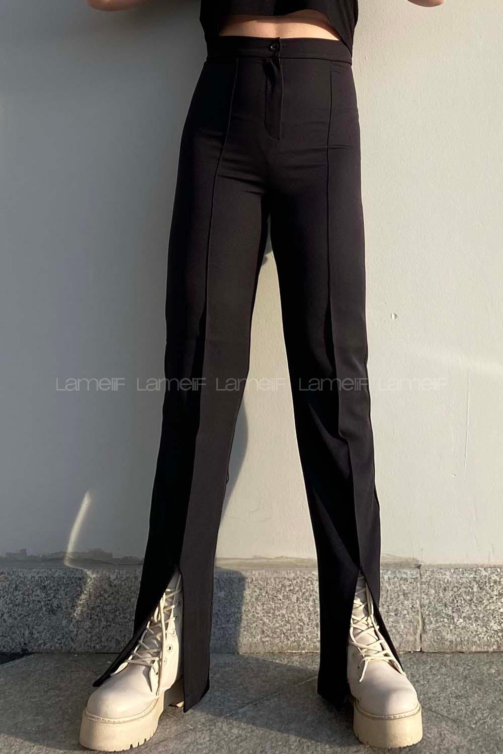 Modalamelif Yırtmaç Detaylı Havuç Paça Pantolon  Siyah