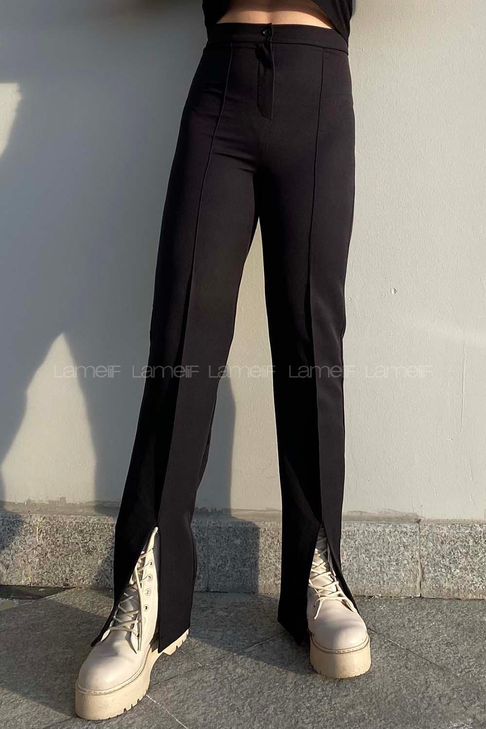 Modalamelif Yırtmaç Detaylı Havuç Paça Pantolon  Siyah