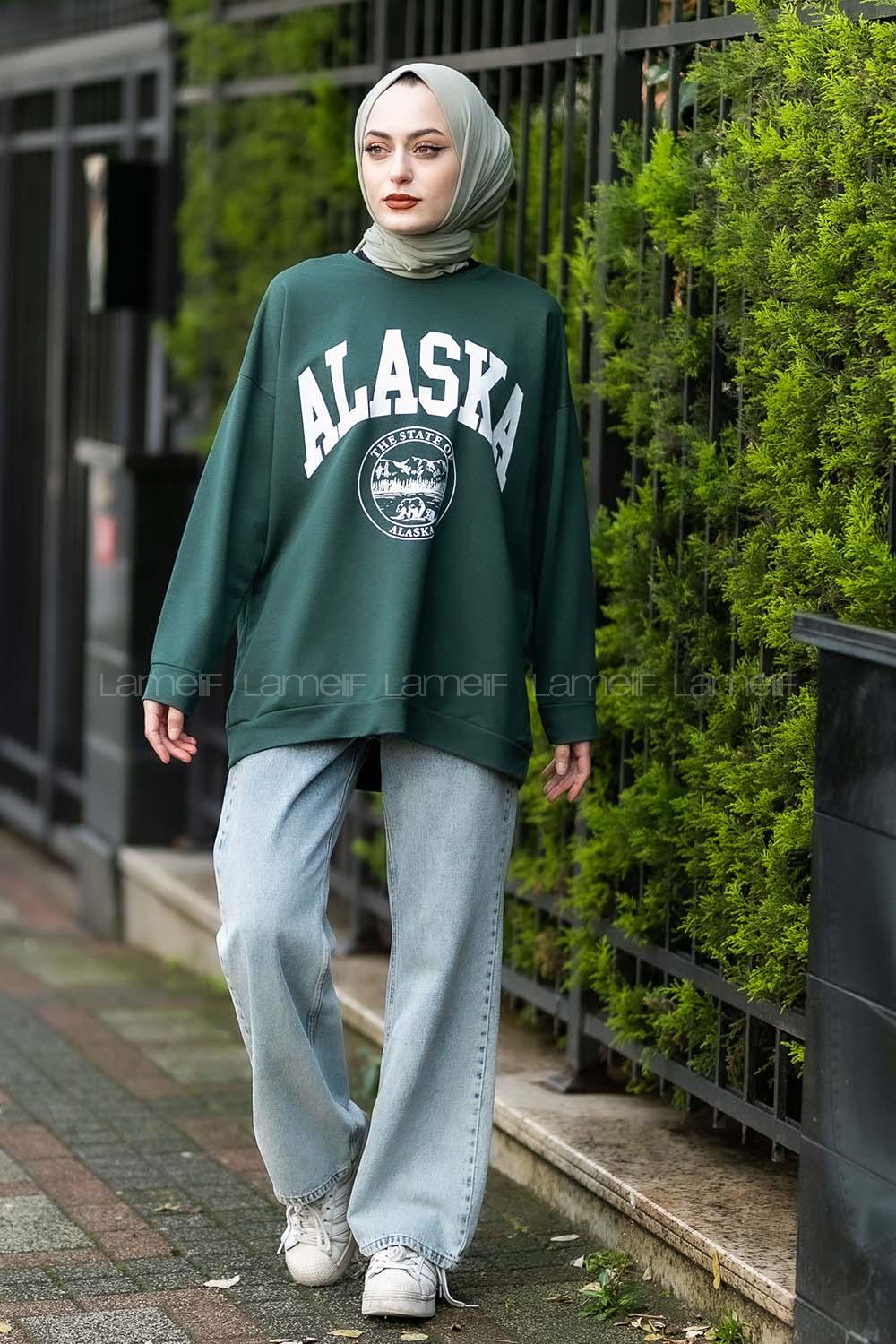 Modalamelif Bisiklet Yaka Alaska Baskı Detaylı Sweat Yeşil