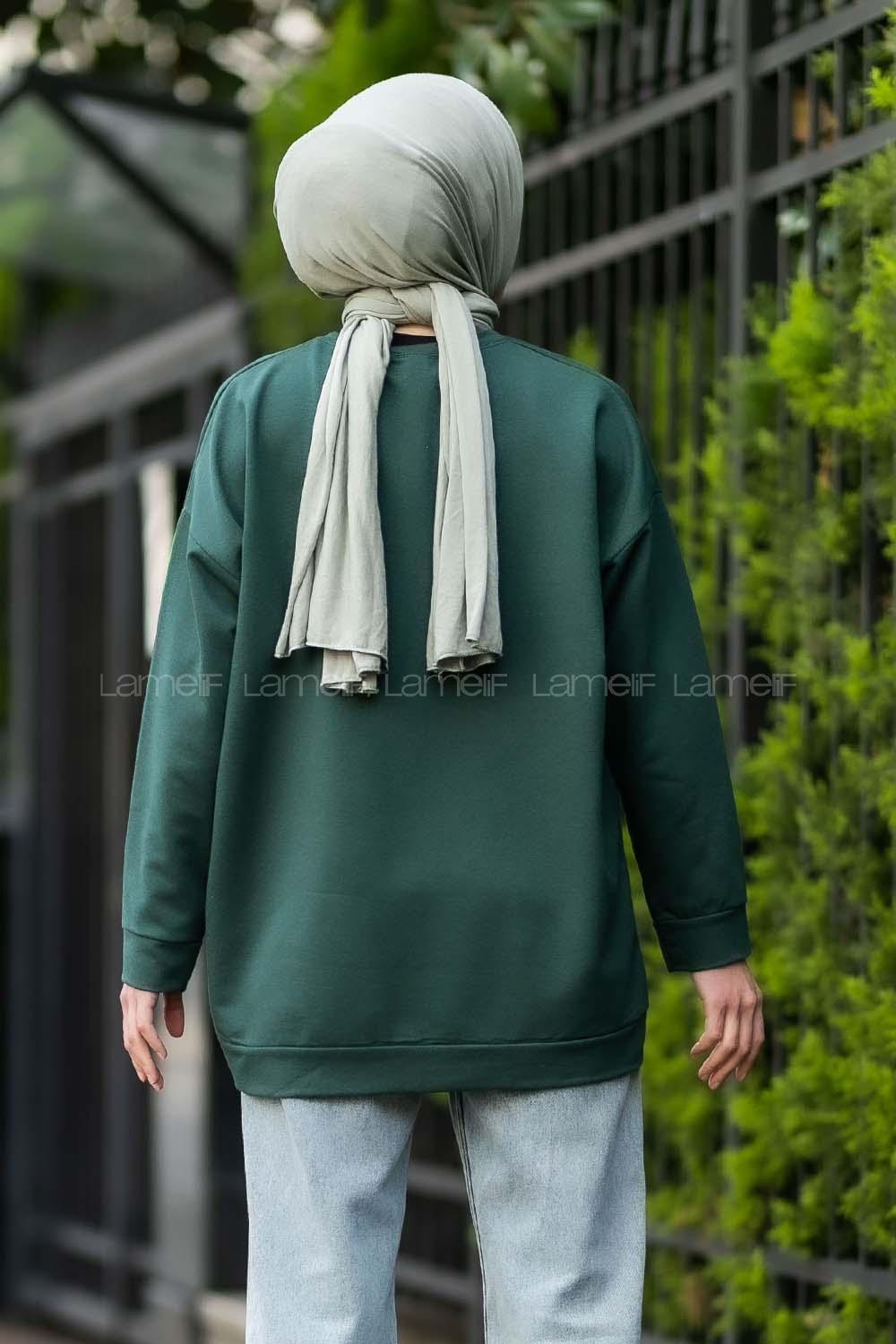 Modalamelif Bisiklet Yaka Alaska Baskı Detaylı Sweat Yeşil