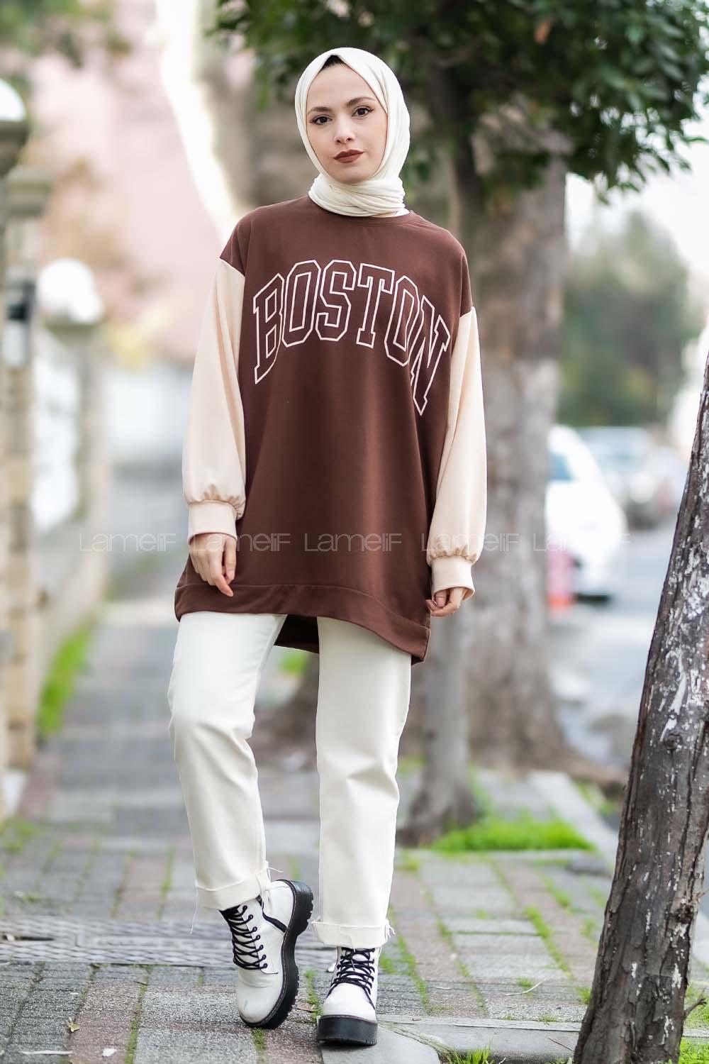 Modalamelif Boston Baskılı Kol Garnili Sweat Acıkahve
