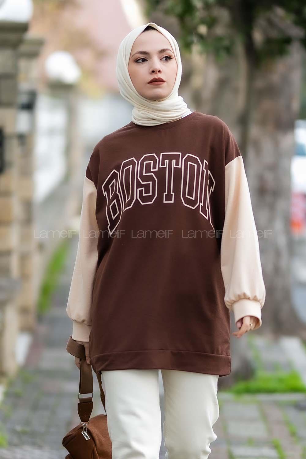 Modalamelif Boston Baskılı Kol Garnili Sweat Acıkahve