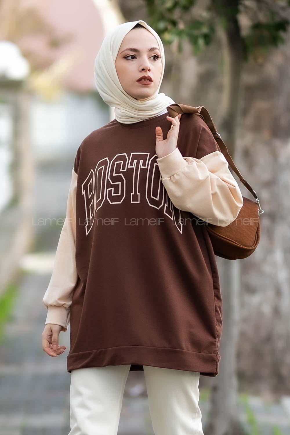 Modalamelif Boston Baskılı Kol Garnili Sweat Acıkahve
