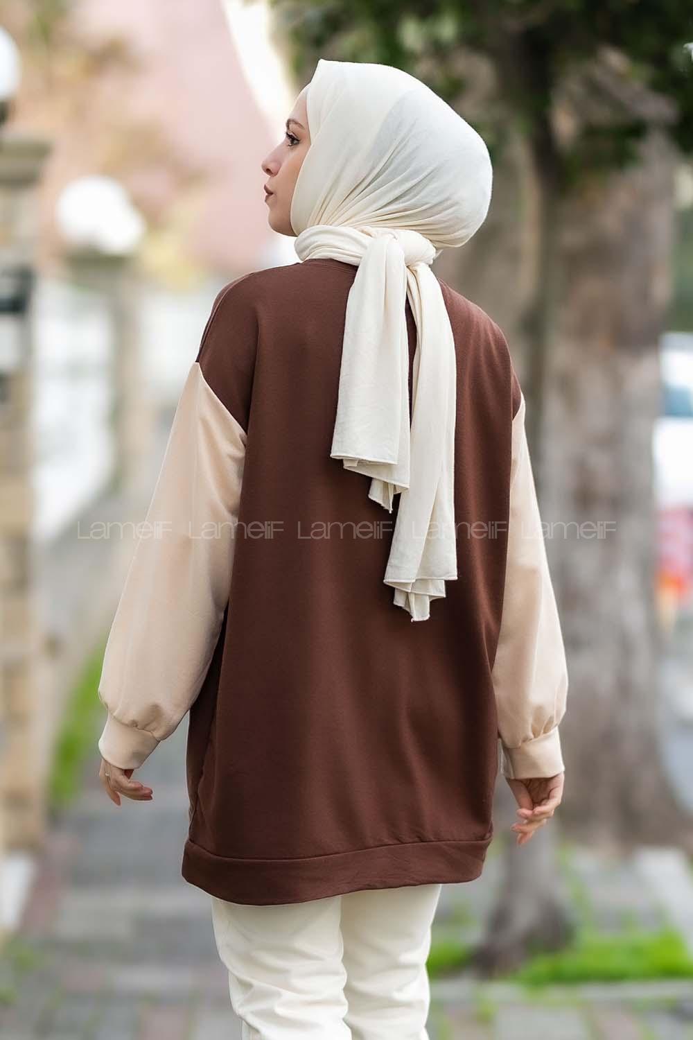 Modalamelif Boston Baskılı Kol Garnili Sweat Acıkahve