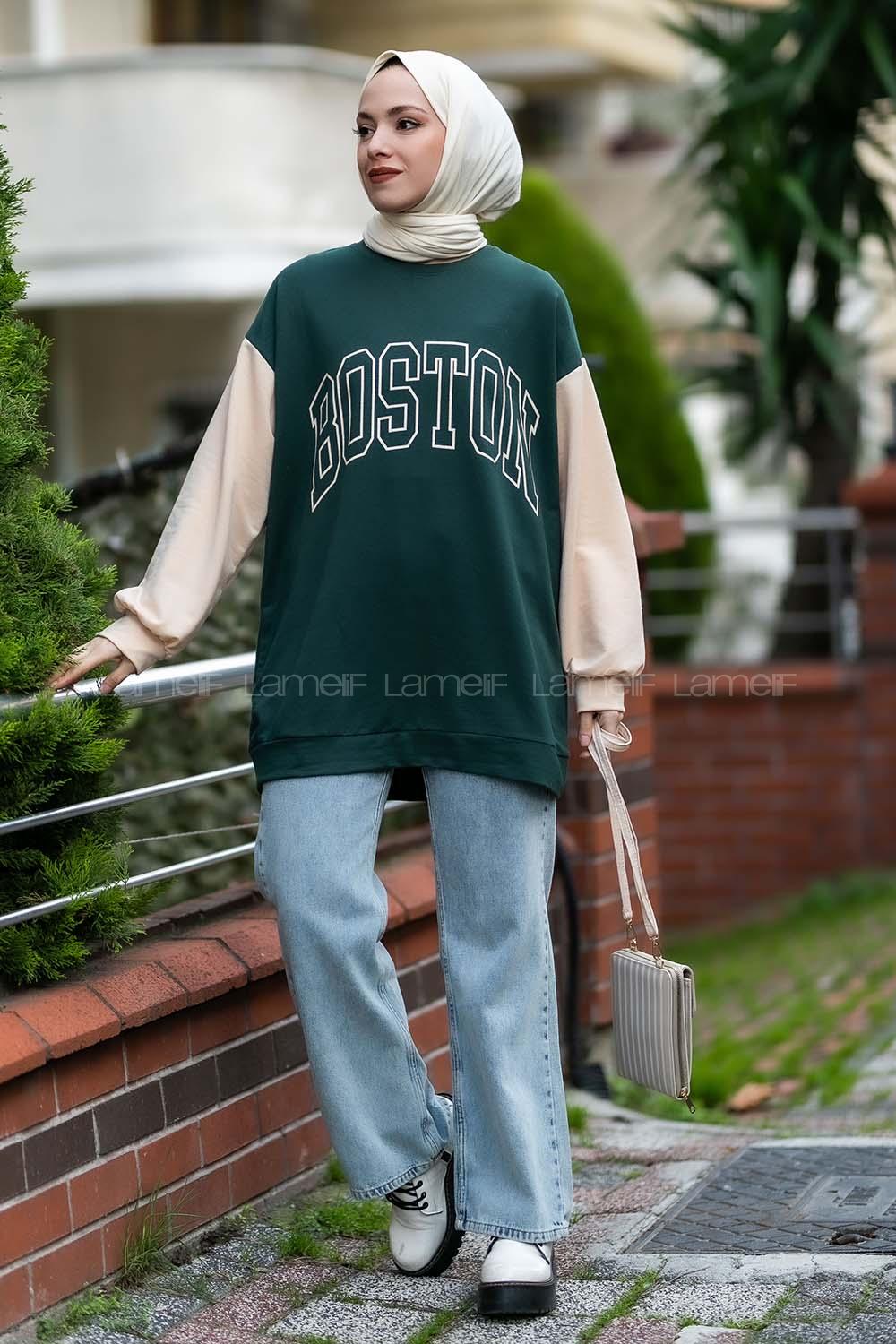 Modalamelif Boston Baskılı Kol Garnili Sweat Haki