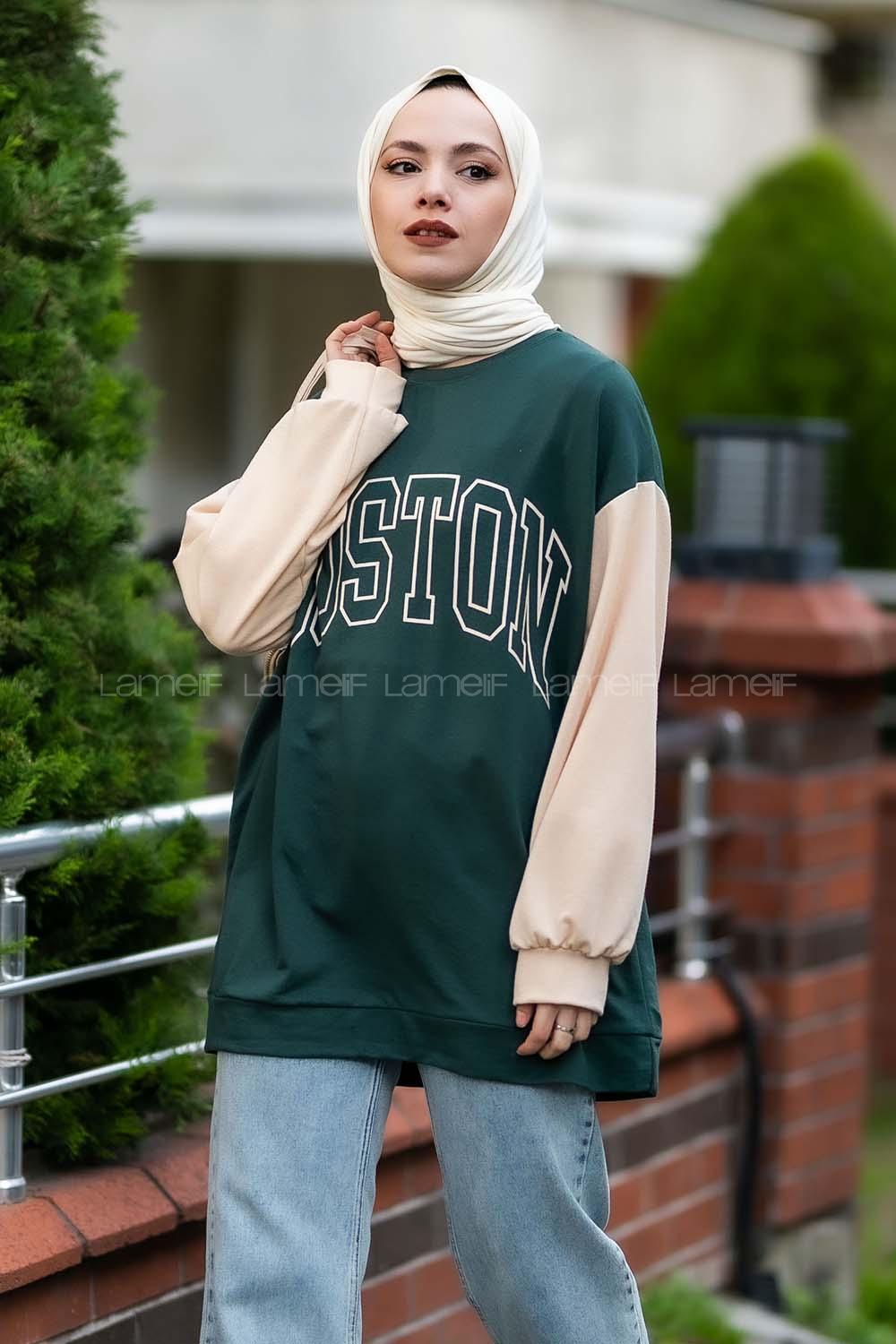 Modalamelif Boston Baskılı Kol Garnili Sweat Haki