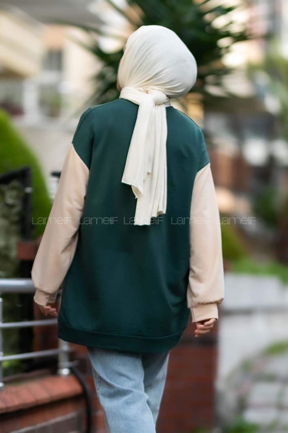 Modalamelif Boston Baskılı Kol Garnili Sweat Haki