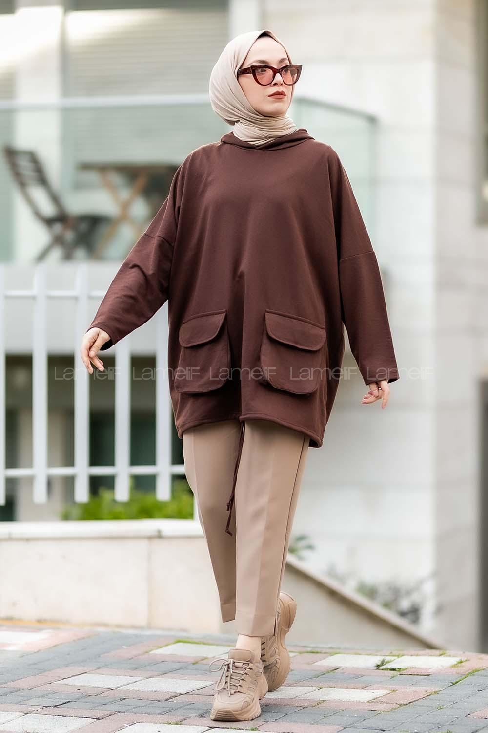 Modalamelif Kapşonlu Çift Kapak Cepli Sweat Acıkahve