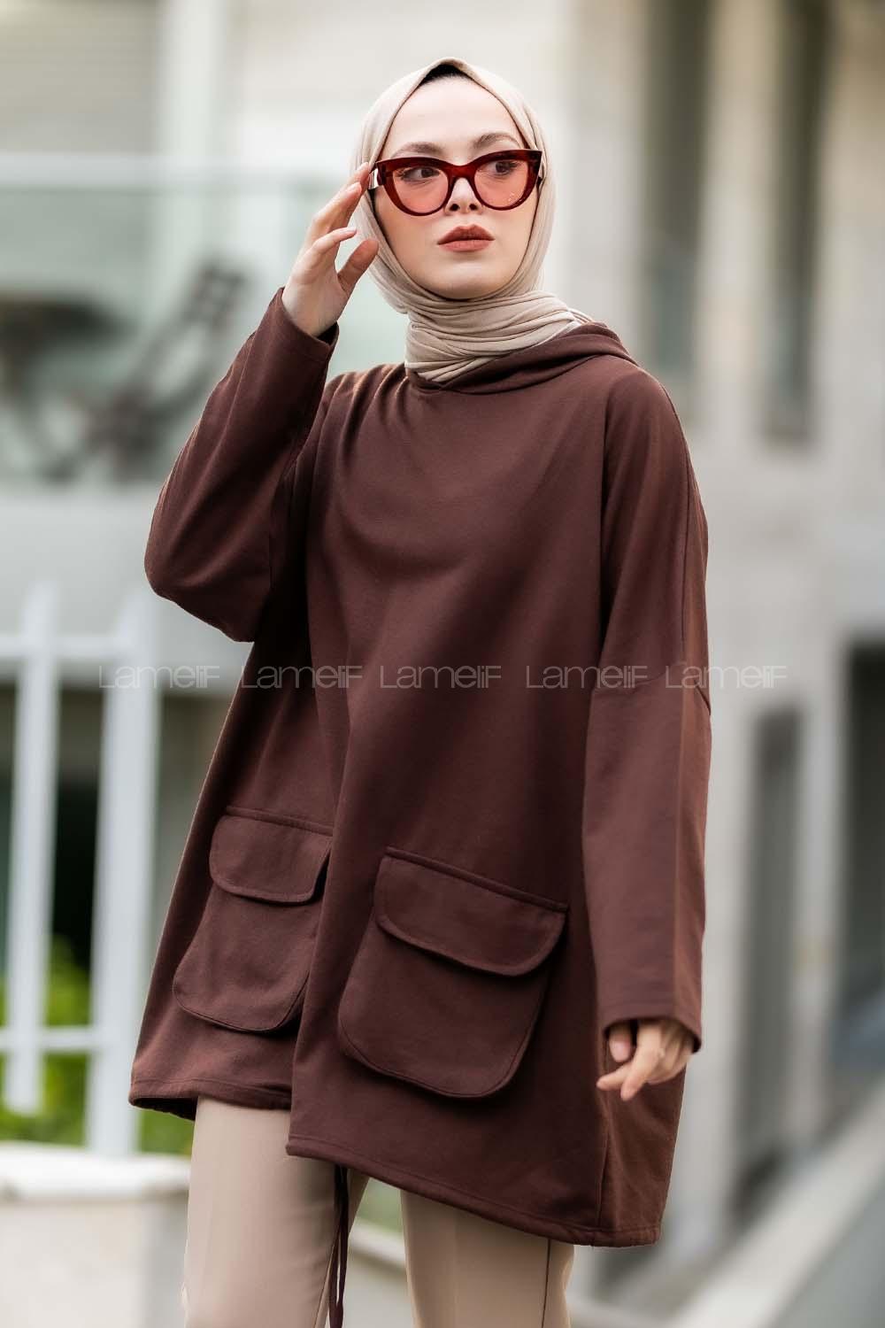 Modalamelif Kapşonlu Çift Kapak Cepli Sweat Acıkahve