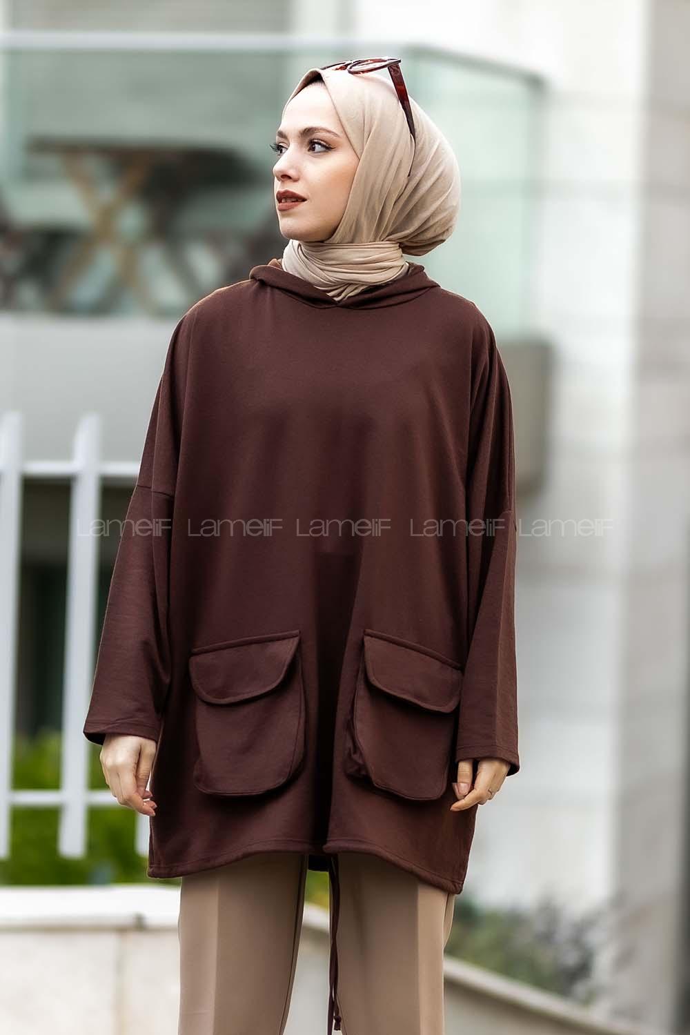 Modalamelif Kapşonlu Çift Kapak Cepli Sweat Acıkahve