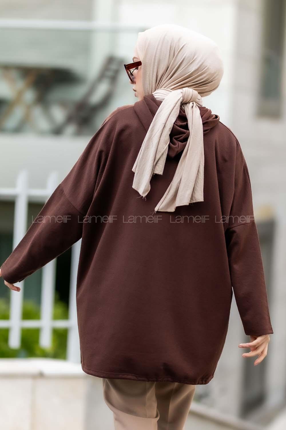 Modalamelif Kapşonlu Çift Kapak Cepli Sweat Acıkahve