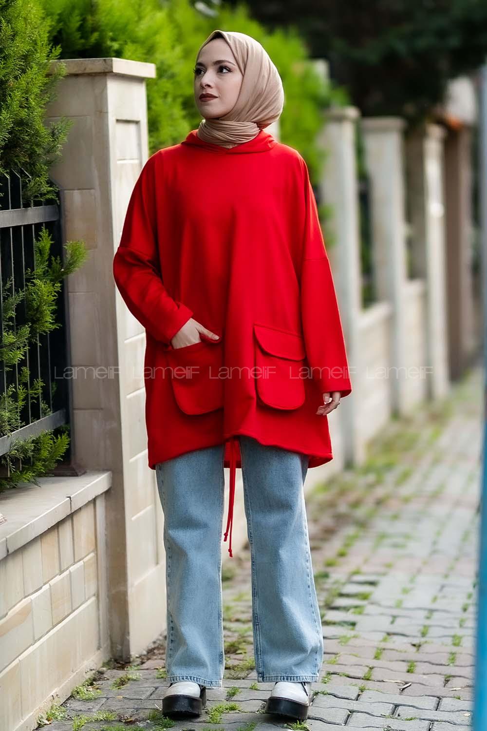 pşonlu Çift Kapak Cepli Sweat Kırmızı