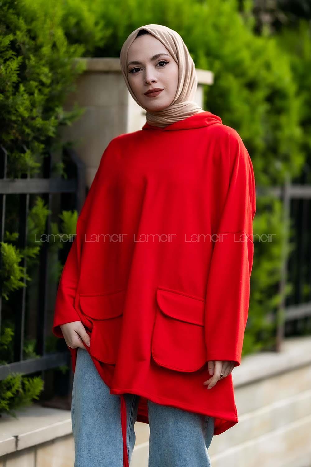 pşonlu Çift Kapak Cepli Sweat Kırmızı