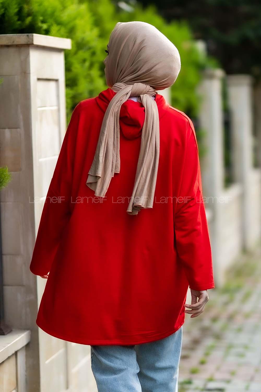 pşonlu Çift Kapak Cepli Sweat Kırmızı