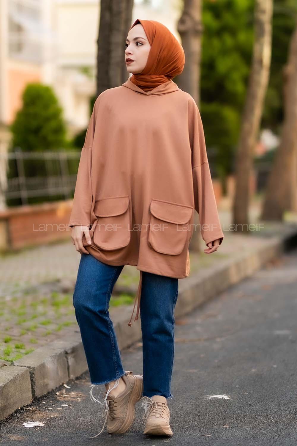 Modalamelif Kapşonlu Çift Kapak Cepli Sweat Sütlükahve