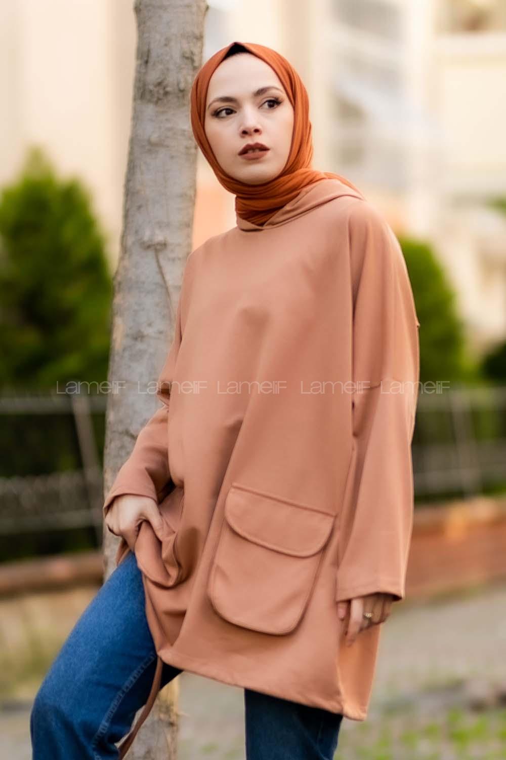 Modalamelif Kapşonlu Çift Kapak Cepli Sweat Sütlükahve