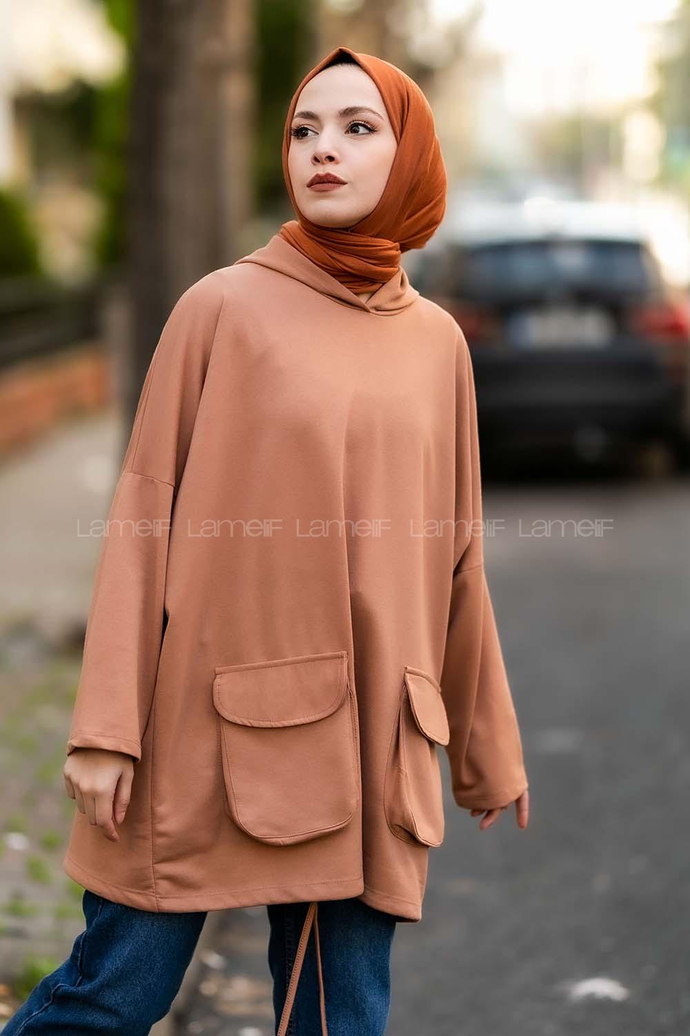 Modalamelif Kapşonlu Çift Kapak Cepli Sweat Sütlükahve