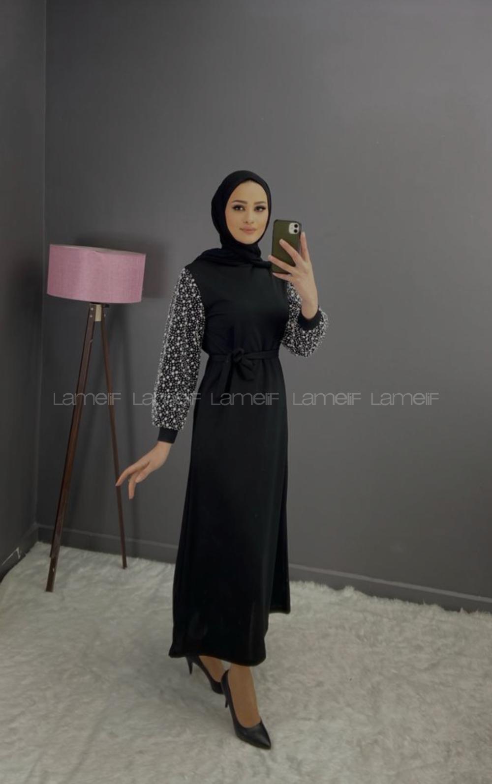 Modalamelif Kol Tül Sim Detaylı Kuşaklı  Elbise Siyah