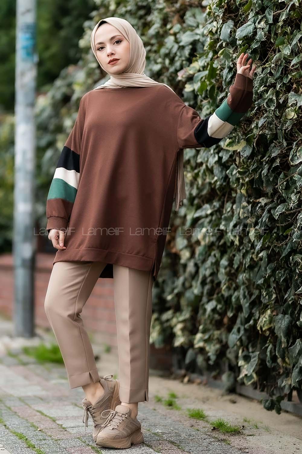 Modalamelif Kolları Parçalı Garnili Yırtmaçlı Sweat Acıkahve