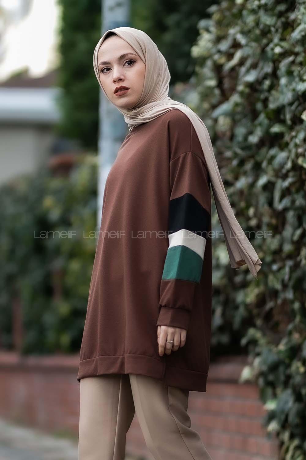 Modalamelif Kolları Parçalı Garnili Yırtmaçlı Sweat Acıkahve