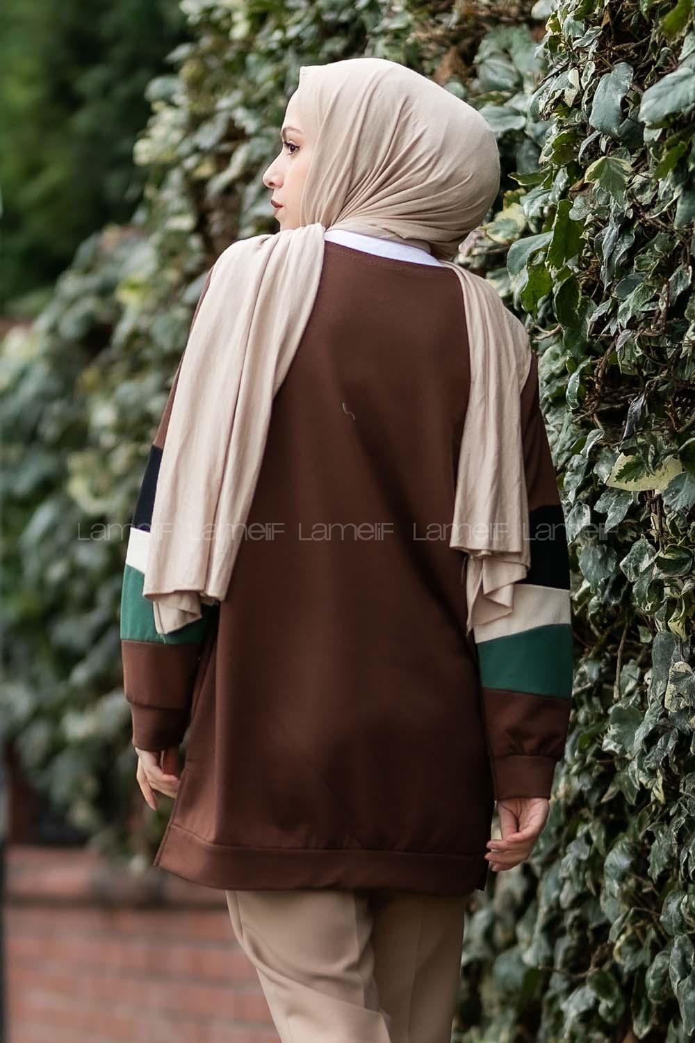 Modalamelif Kolları Parçalı Garnili Yırtmaçlı Sweat Acıkahve