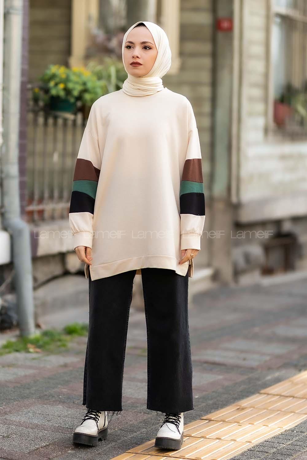 Modalamelif Kolları Parçalı Garnili Yırtmaçlı Sweat Krem