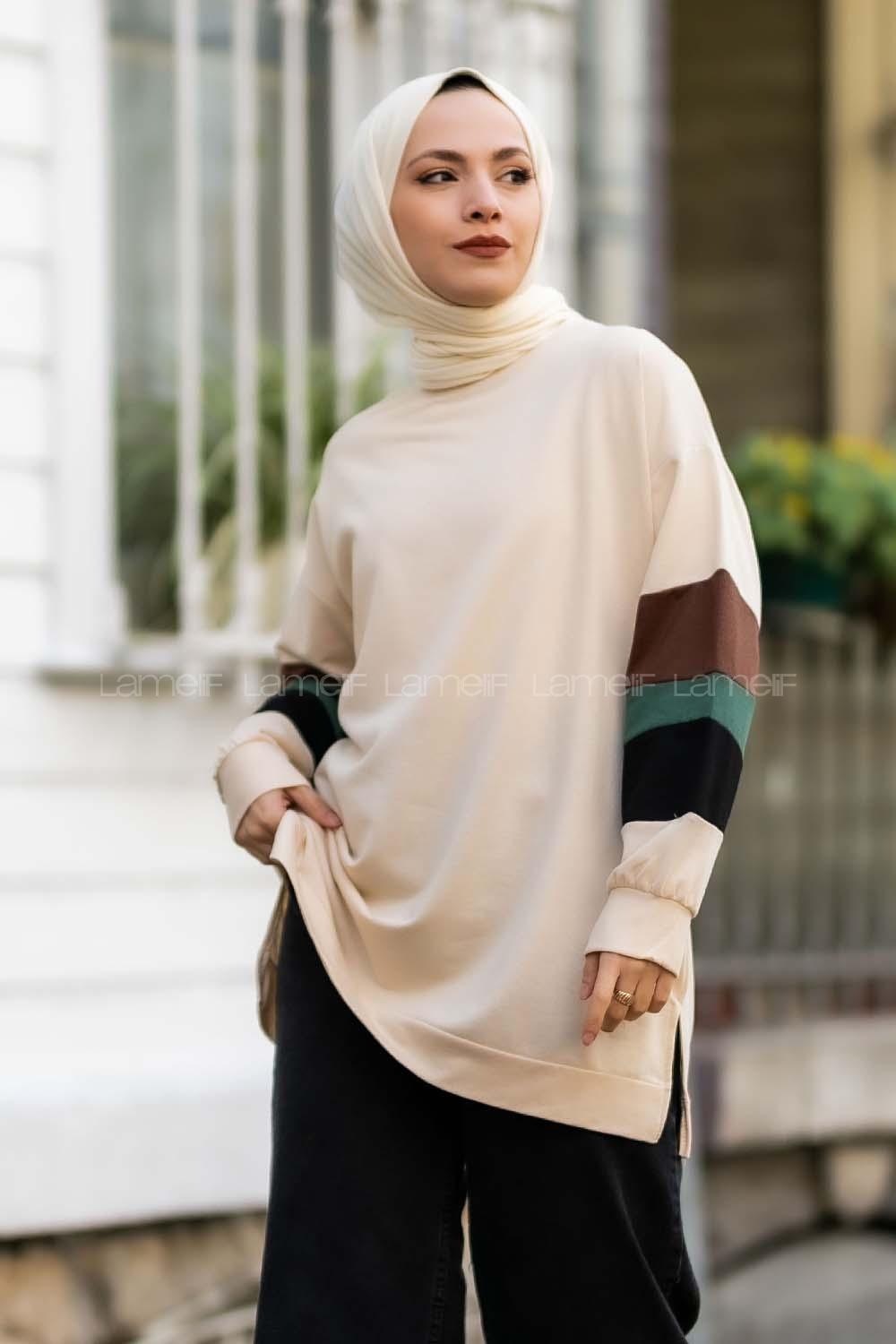 Modalamelif Kolları Parçalı Garnili Yırtmaçlı Sweat Krem