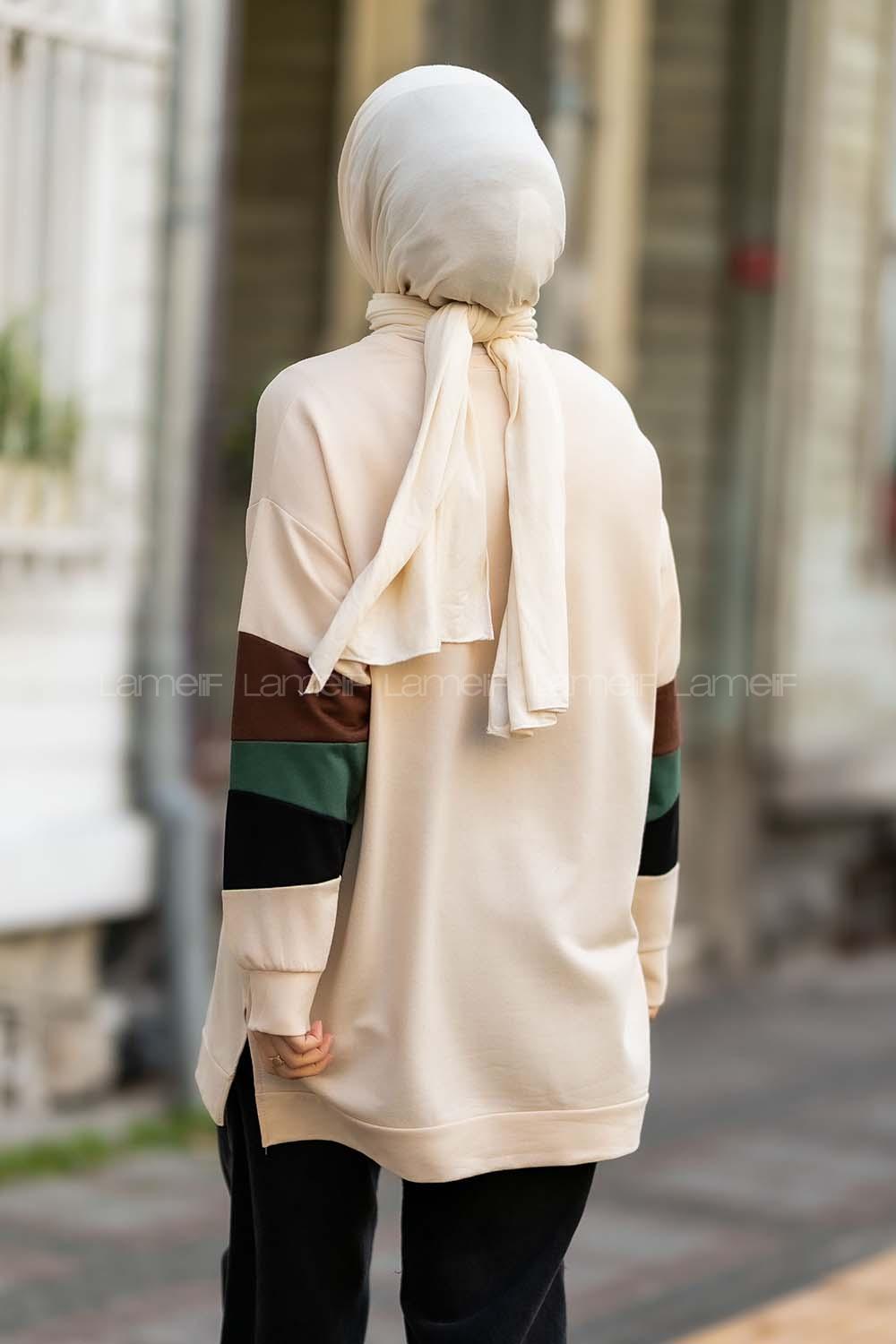 Modalamelif Kolları Parçalı Garnili Yırtmaçlı Sweat Krem