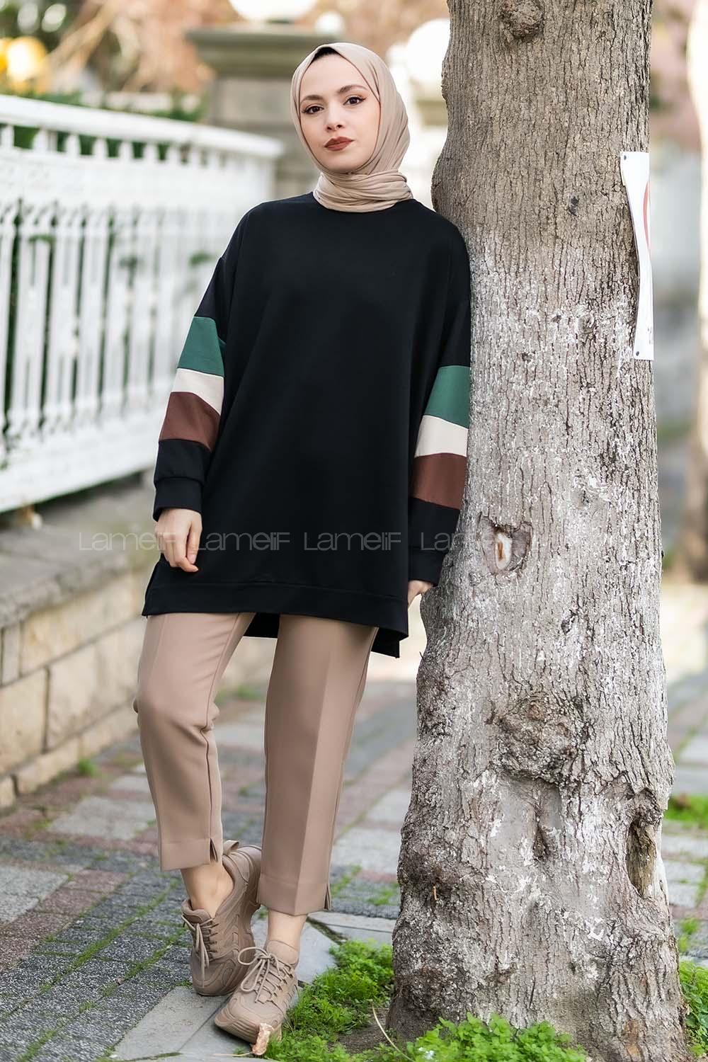 Modalamelif Kolları Parçalı Garnili Yırtmaçlı Sweat Siyah