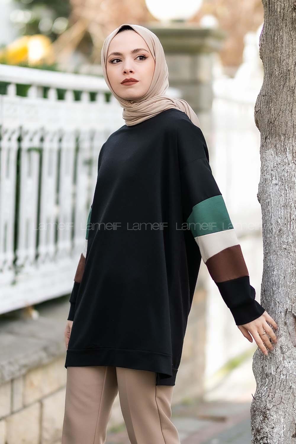 Modalamelif Kolları Parçalı Garnili Yırtmaçlı Sweat Siyah