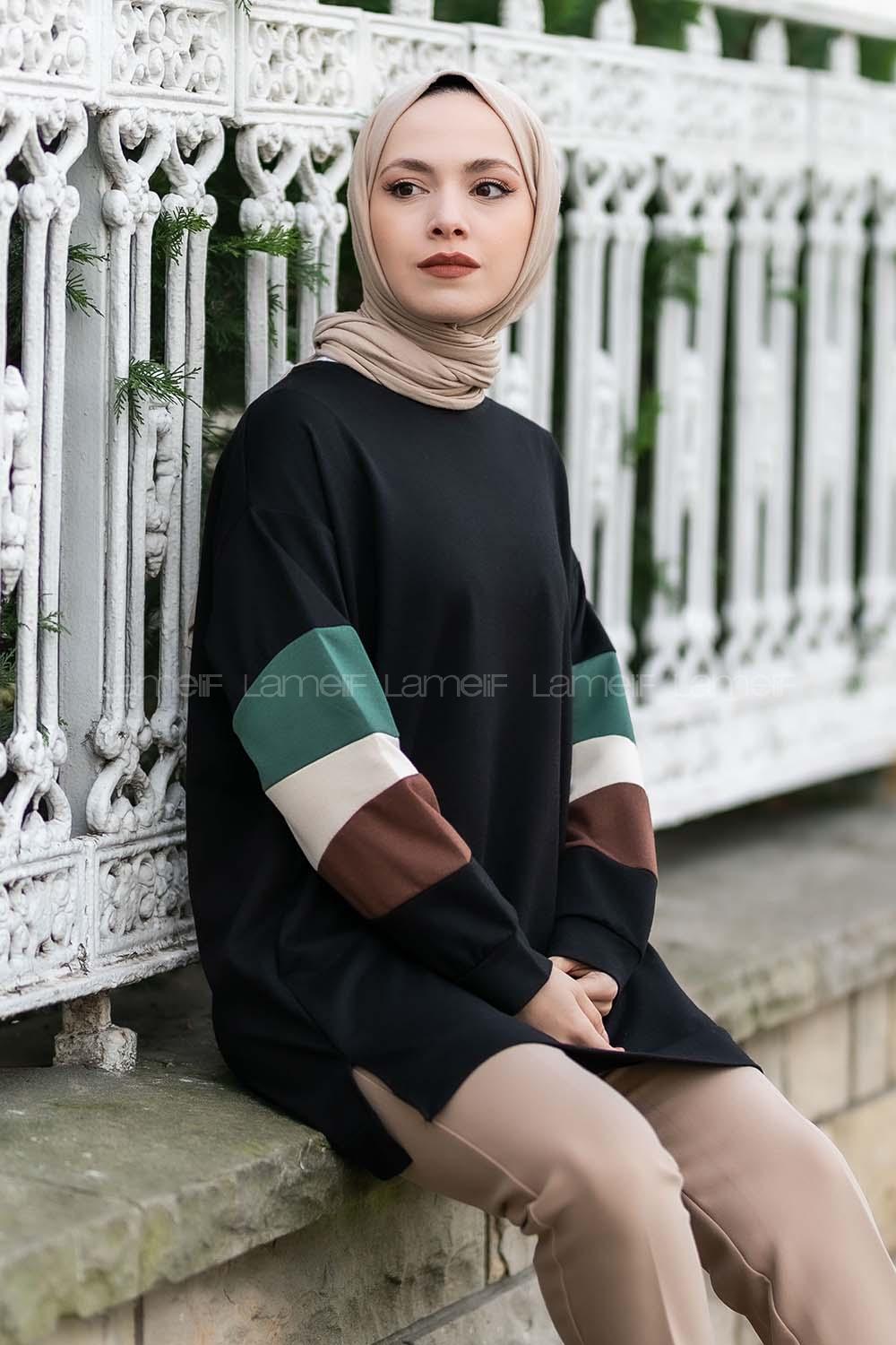 Modalamelif Kolları Parçalı Garnili Yırtmaçlı Sweat Siyah