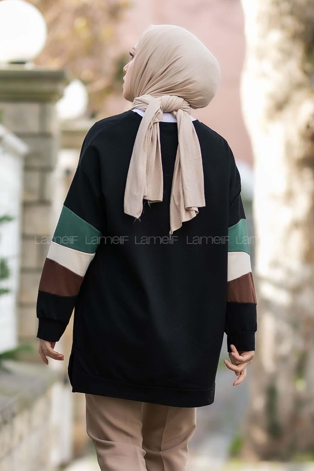 Modalamelif Kolları Parçalı Garnili Yırtmaçlı Sweat Siyah