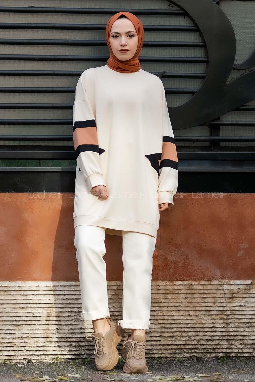 Modalamelif Kolları Renk Garnili Şerit Desenli Sweat Tunik Krem
