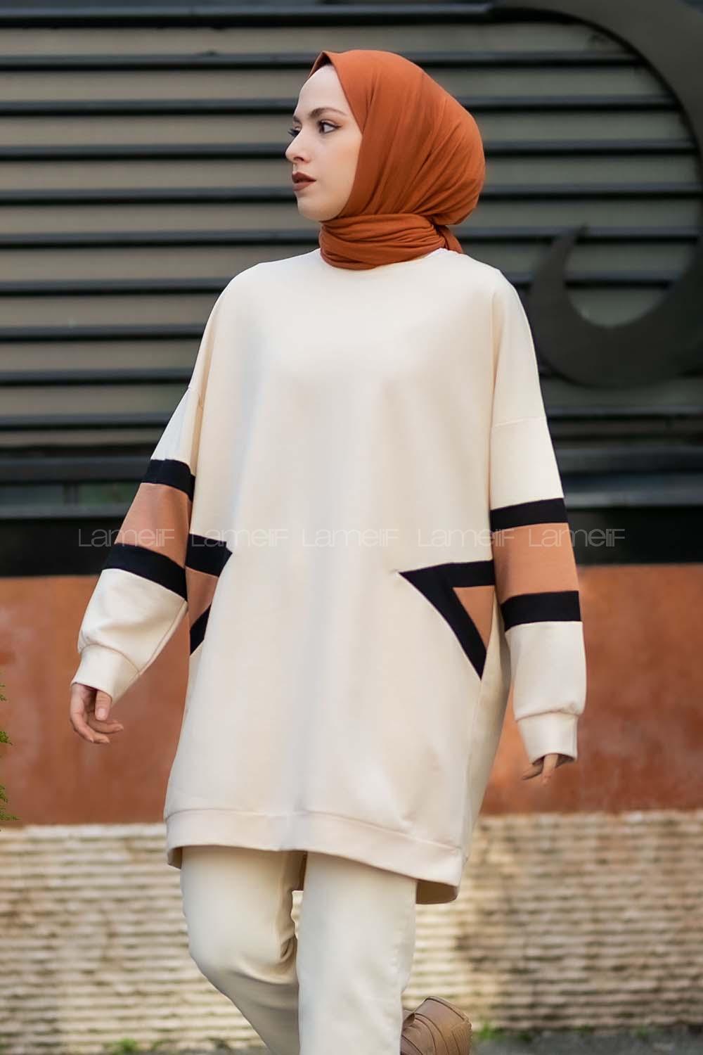 Modalamelif Kolları Renk Garnili Şerit Desenli Sweat Tunik Krem