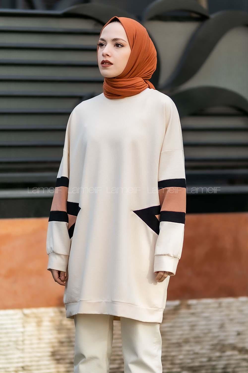 Modalamelif Kolları Renk Garnili Şerit Desenli Sweat Tunik Krem