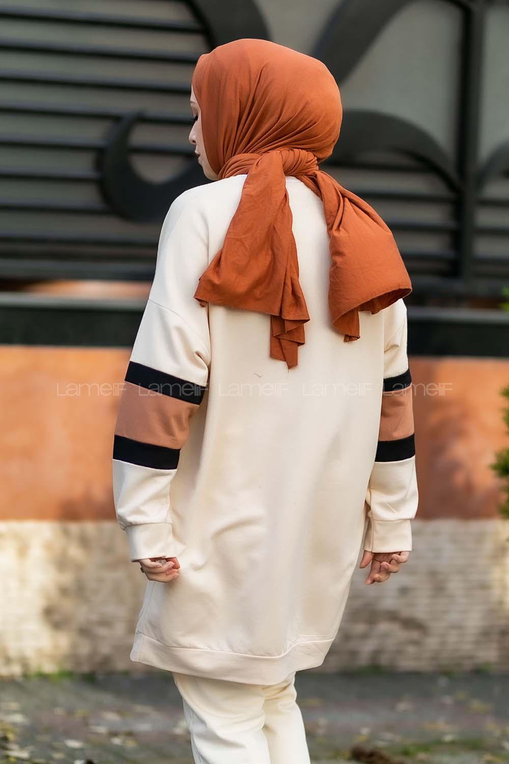 Modalamelif Kolları Renk Garnili Şerit Desenli Sweat Tunik Krem